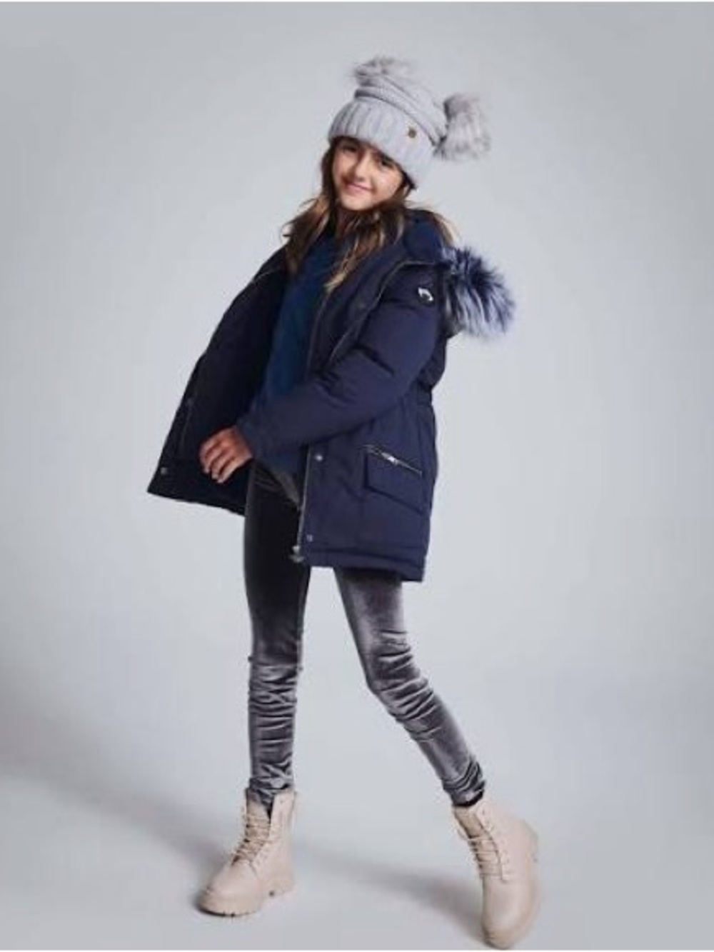 Appaman Girls' Navy Hooded Puffer Coat with Faux-Fur Trim